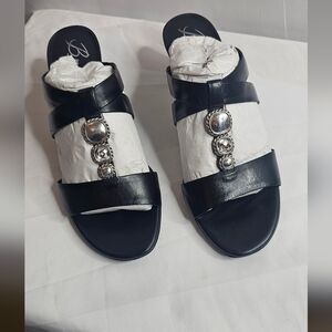 7 M Brighton Trista Shoes Slip-on Block Heels Sandals Black Leather Open Toe